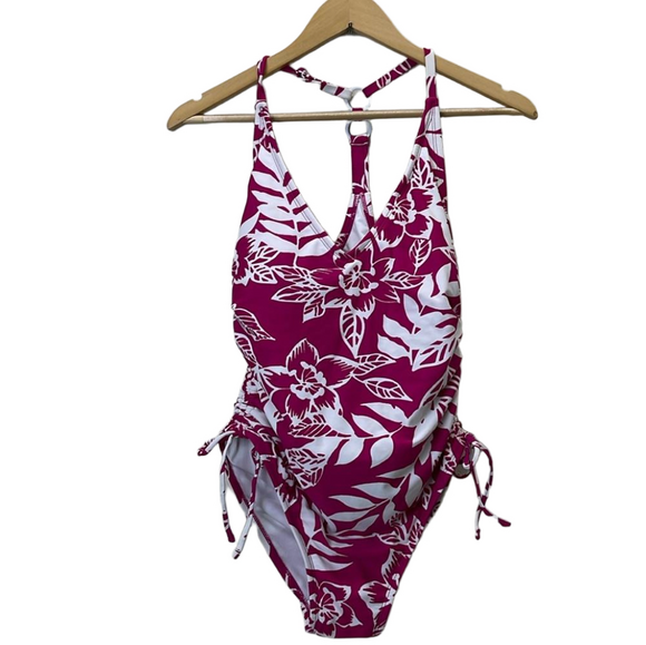 Kona Sol Pink & White Tropical Leaf Print One Piece T-Back Adjustable Swimsuit M - Picture 1 of 9